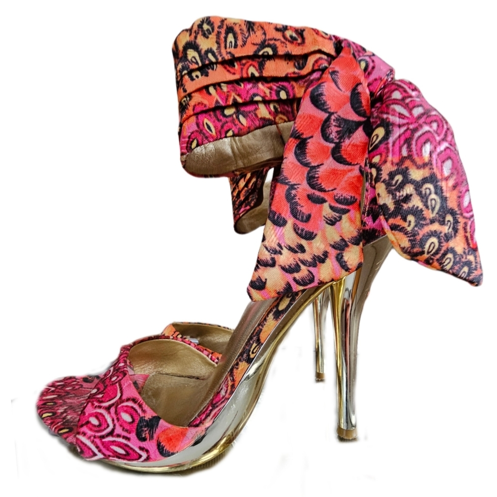 Metallic Gold Heel Pink Orange Peacock Print Ankle Strap Open Toe Heels